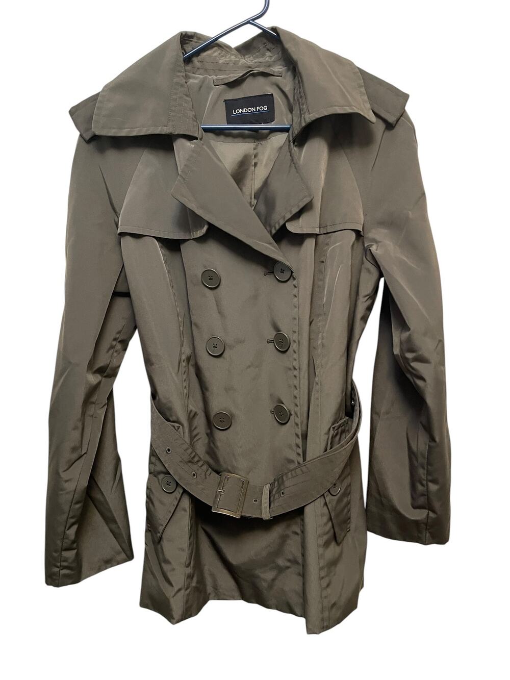 London Fog Woman's Olive Rain Trench Jacket Over Coat Lined Large Mid Length